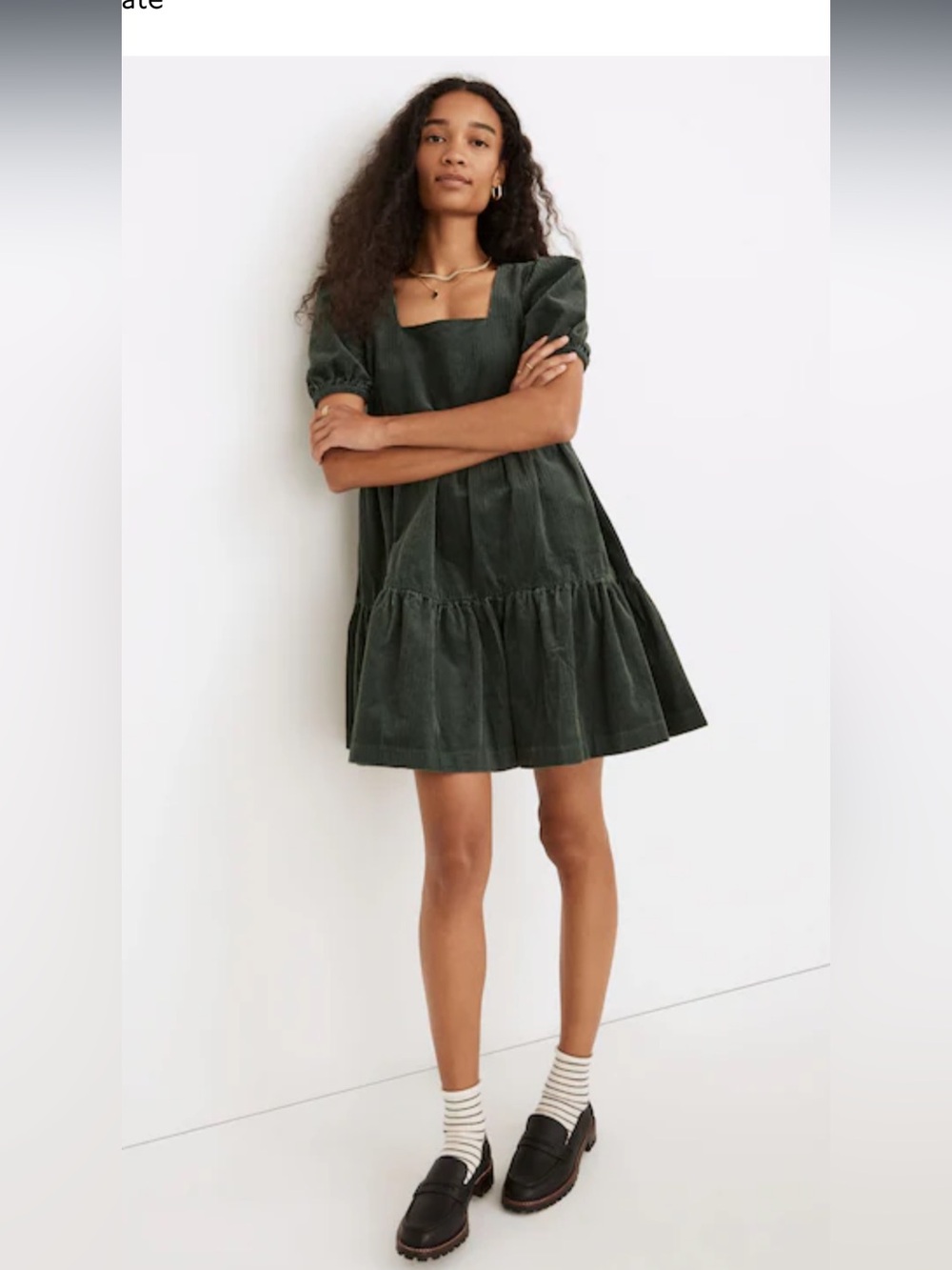 Madewell Dark Green Square-Neck Corduroy Aidy Tiered Mini Dress size 6